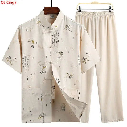 Men's Red Two-piece Summer Set: A Short Jacquard Shirt in Chinese Style Paired with Elastic-waist Pants. White, Gray, Beige-Blue