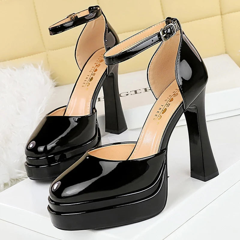 BIGTREE Shoes Platform High Heels 11.5 Cm Women Pumps Thick Heel Women Shoes Block Heels Patent Leather Heeled Sandals Summer