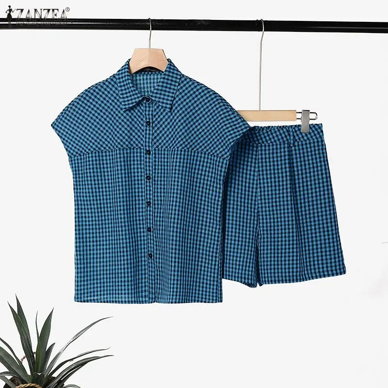 ZANZEA Women Gingham 2 Piece Matching Sets Summer Cap Sleeves Shirts & Elastic Waist Shorts 2pcs Suits Casual Short Sets Outfits
