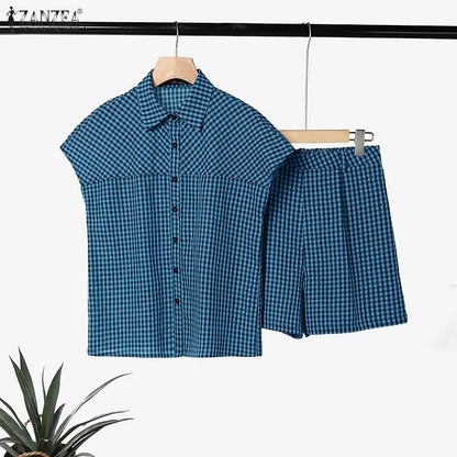 ZANZEA Women Gingham 2 Piece Matching Sets Summer Cap Sleeves Shirts & Elastic Waist Shorts 2pcs Suits Casual Short Sets Outfits