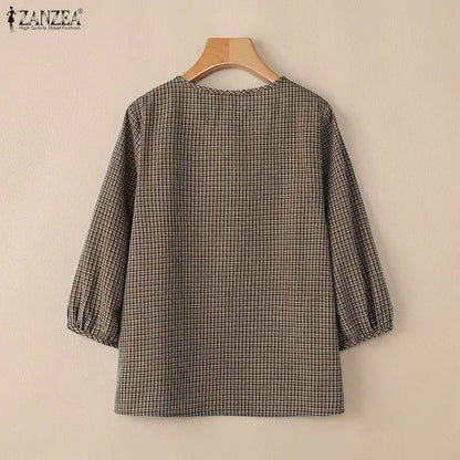 ZANZEA Woman Vintage Gingham Blouses Keyhole Tie-Neck 3/4 Lantern Sleeves Check Loose Tops Autumn Casual OL Work Blusas Mujer