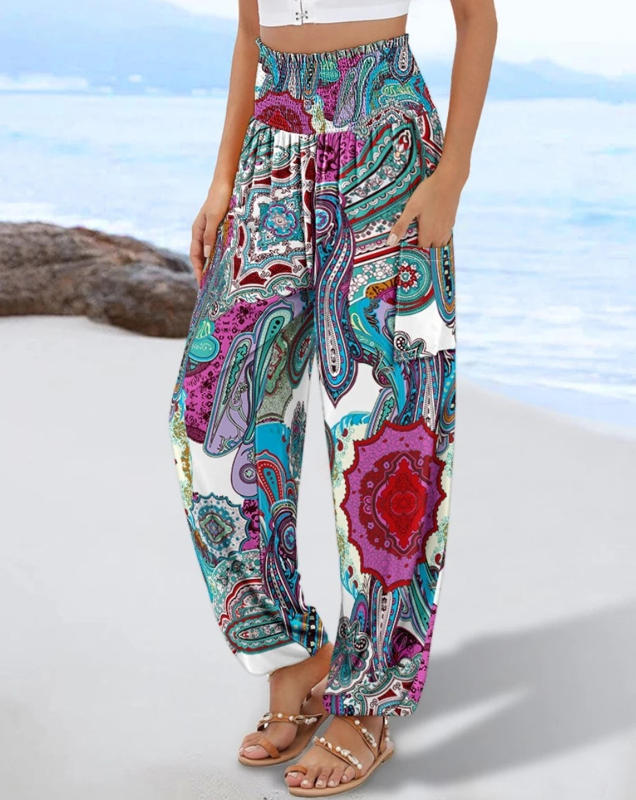 Women's High Waist Boho Print Loose Fit Palazzo Pants with Geometric Floral Pattern and Side Pockets for Summer Beach Vacation