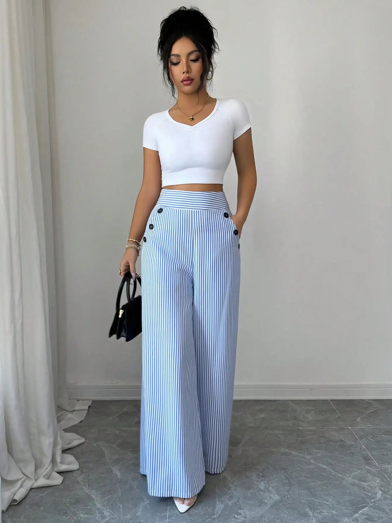 Stylish Striped Wide-Leg Trousers | Comfortable High-Waist Pants for Office & Casual