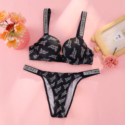 Victoria s Secret Rhinestone Logo Shoulder Straps Lace Underwear Sexy Lingerie Set Push Up Bra And Panties Set For Women