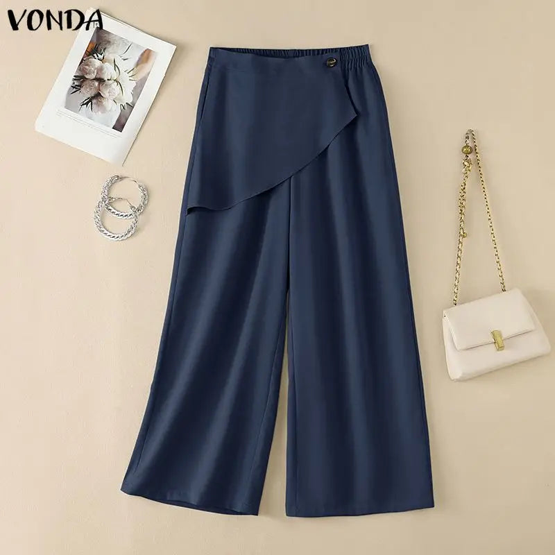 VONDA Streetwear Women Wide Leg Pants Asymmetrical Elastic Waist Trousers Casual Summer Holiday Solid Plus Size Pants Oversize