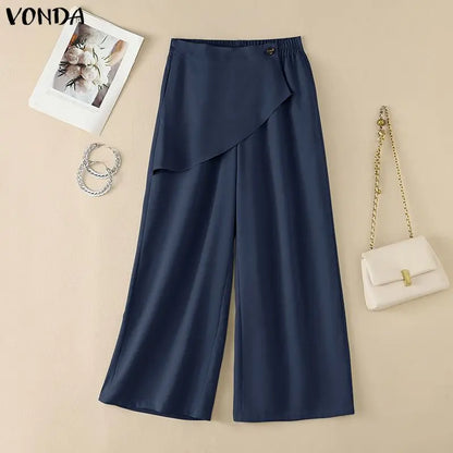 VONDA Streetwear Women Wide Leg Pants Asymmetrical Elastic Waist Trousers Casual Summer Holiday Solid Plus Size Pants Oversize