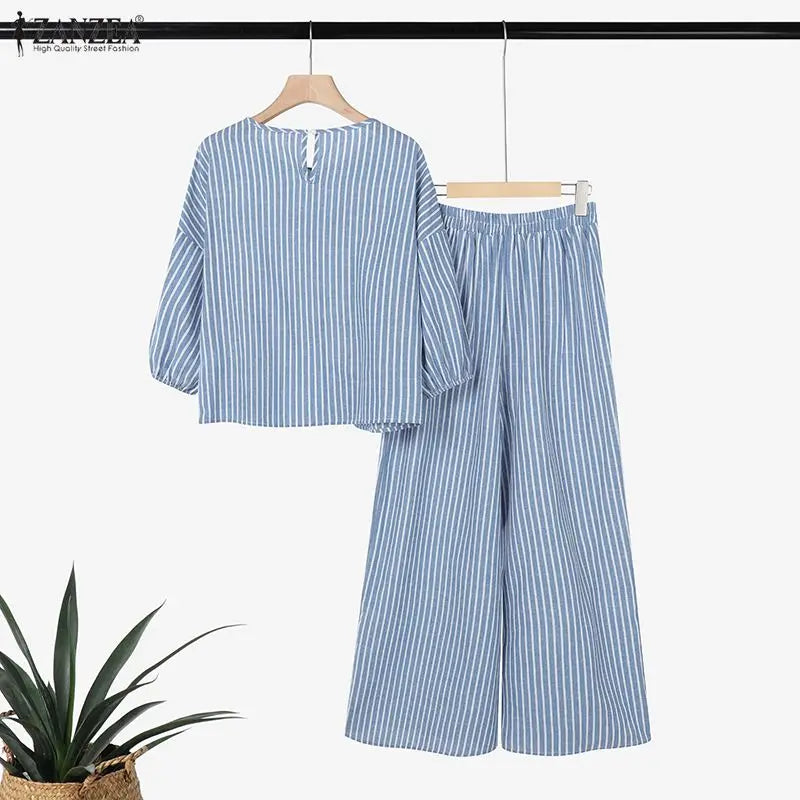 2026 ZANZEA Summer Pant Sets Women Striped Tracksuit 2 Piece Sets Short Sleeve Blouse Wide Leg Trousers Elegat OL Work Tracksuit