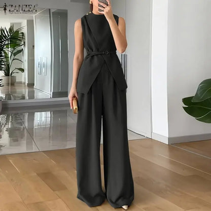 2026 ZANZEA Fashion Summer Pant Sets Sleeveless Tank Tops Trousers Women 2 Piece Sets Elegant Solid OL Work Outfit Without Belt