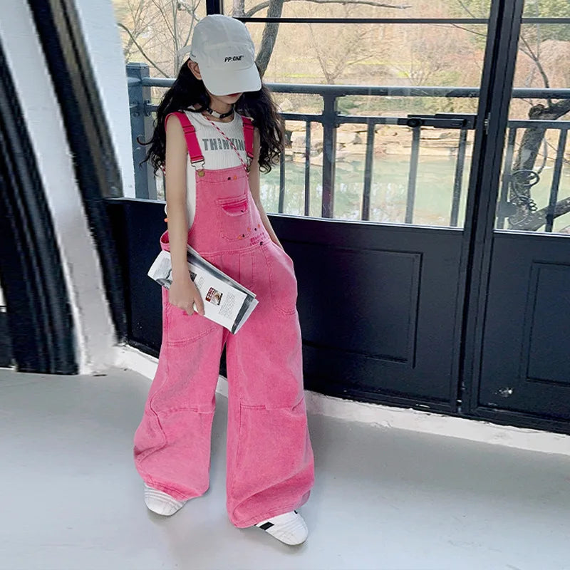 2026 summer Kids Overalls Jeans for Girls Child Denim Jumpsuit Pockets spring Teens lady Suspender Trousers 5 9 12 year