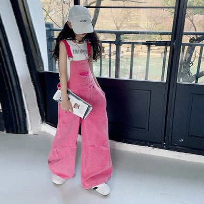 2026 summer Kids Overalls Jeans for Girls Child Denim Jumpsuit Pockets spring Teens lady Suspender Trousers 5 9 12 year