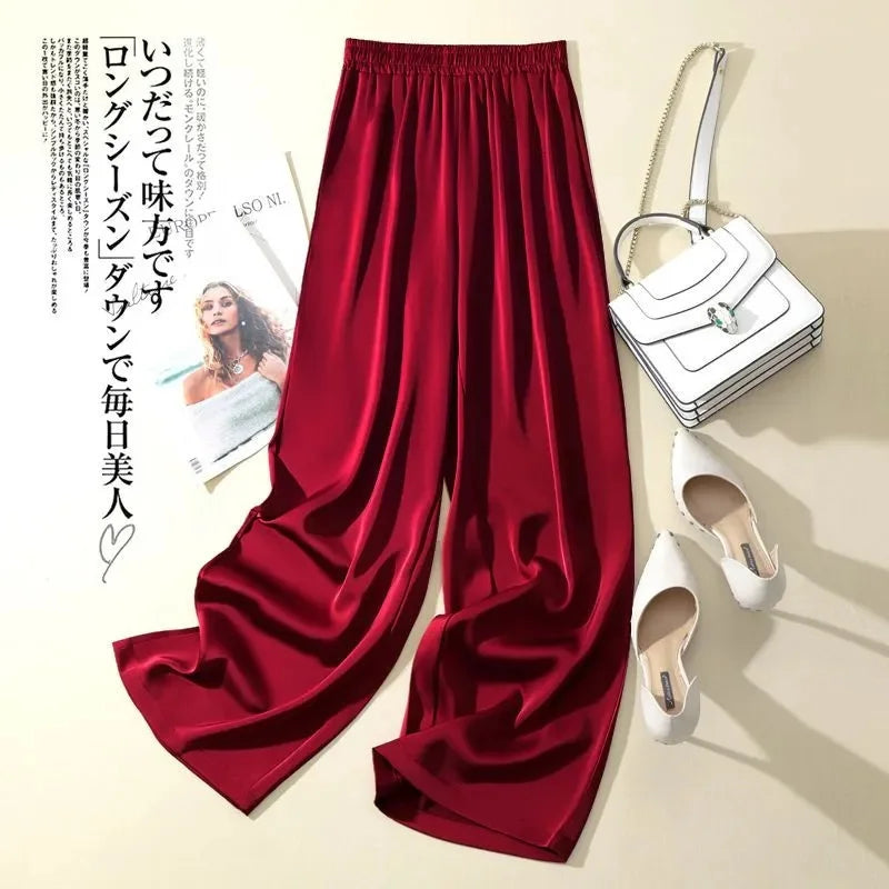 Summer Women Pants Ice Silk Triacetate Pants Lady Baggy Versatile Elastic Straight Leg Trousers Female Wide Leg High Waisted Pan