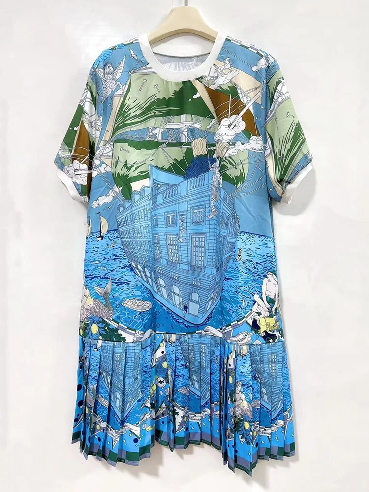 Retro geometric print round neck pullover dress 2026 summer women's T-shirt skirt fashionable loose oversized puffy skirt