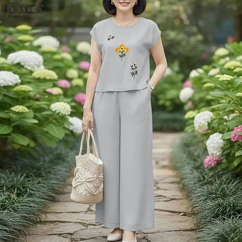 ZANZEA Fashion Summer Outfits O Neck Short Sleeve Floral Blouse Wide Leg Pant Sets Women 2 Pieces Sets Tracksuit Matching Sets