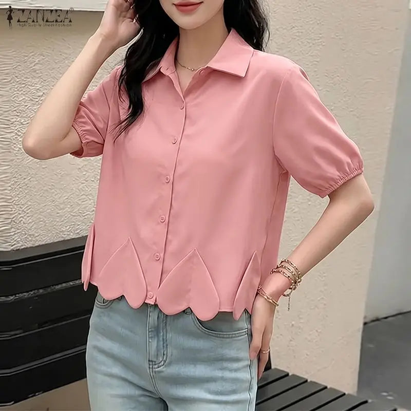 ZANZEA Heart-Shaped Detailing Short Shirt Women Short Puff Sleeve Turn-Down Collar Button Up Top Summer Streetwear Camisas Mujer