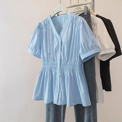 200 Pounds Plus Size Elastic Waist Office Lady Trend Shirt And Blouse Solid Color Top Women Clothing V-neck French Chic Basics