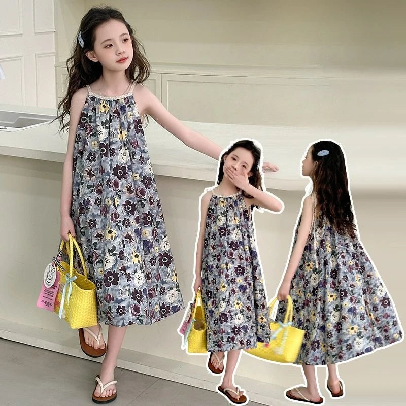 Floral Sleeveless Strappy Sundress Trendy Girls Party Dress Girl Cotton Linen Girls' Princess Summer Little Clothes Dresses Kids