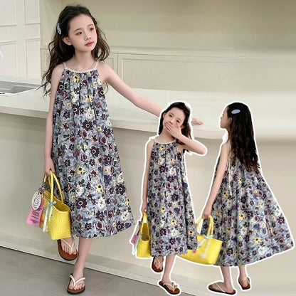 Floral Sleeveless Strappy Sundress Trendy Girls Party Dress Girl Cotton Linen Girls' Princess Summer Little Clothes Dresses Kids