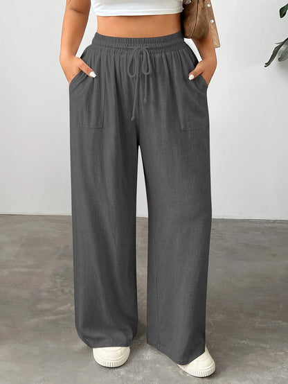 Comfortable Plus Size Wide-Leg Pants with Drawstring Waist and Pockets for Effortless Style