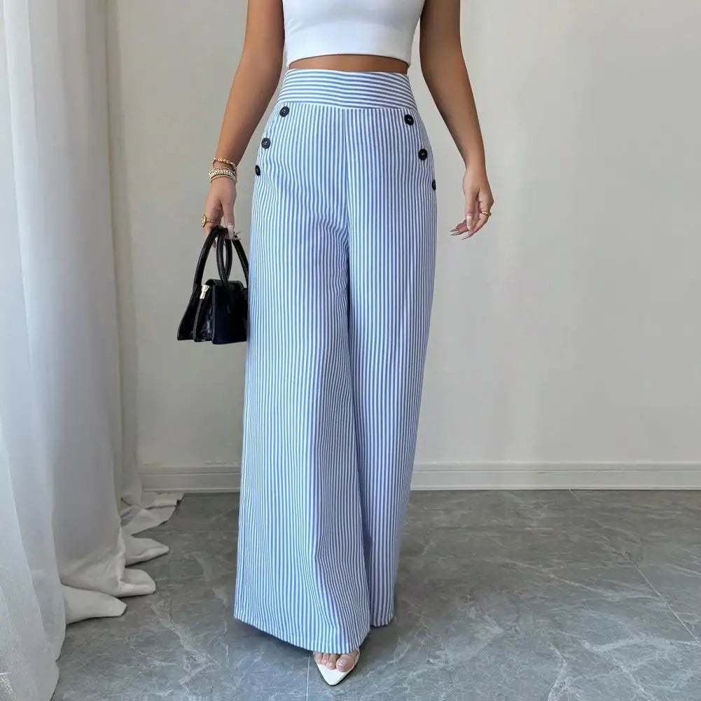 Striped Wide Leg Pants for Women, Loose Casual High Waisted Trousers with Button, Breathable Palazzo Pants with Pockets