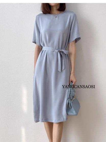 2026 Summer New 26MM 93%Natural Mulberry Silk Elastic Heavy Wrinkle Round Neck Short Sleeve Straight Mid Length Women's Dress