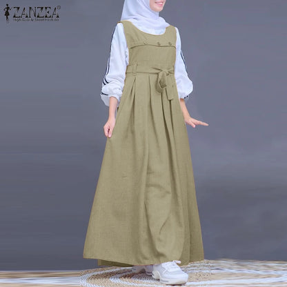 ZANZEA Muslim Abaya Hijab Dress Women Spring Maxi Long Dress Fashion Summer Sleeveless Overalls Dresses Kaftan IsIamic Clothing