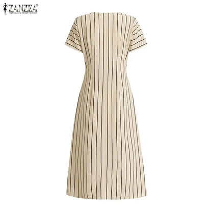 ZANZEA Fashion Women Short Sleeve Striped Sundress Summer OL Work Dress Elegant A Line Waisted Midi Robe Casual Holiday Dresses