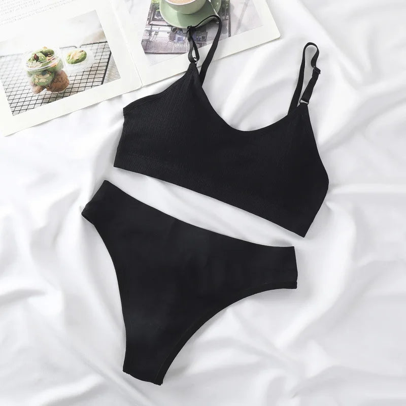Women Seamless Bra And Panties Set Sexy Lingerie High Waist Thong Comfy Wire Free Bra Female Solid Color Ribbed Underwear Set