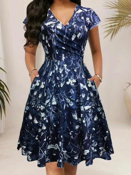 Elegant floral and printed V-neck mid-length pocket dresses for spring, summer and autumn, made of polyester blends