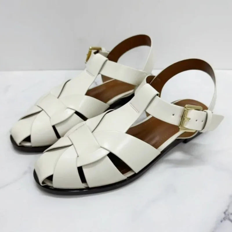 New Flat Sandals Women 2026 Summer Faux Suede Weaving Design Gladiator Sandals Ankle Strap Comfortable Women Shoes Sandalias
