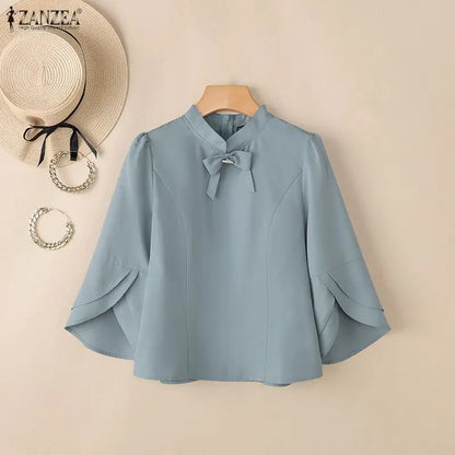ZANZEA Women's Elegant Bow Tie Blouses Classy 3/4 Petal Sleeves Mandarin Collar Princess Seams Back Zipper Tops Woman Clothes