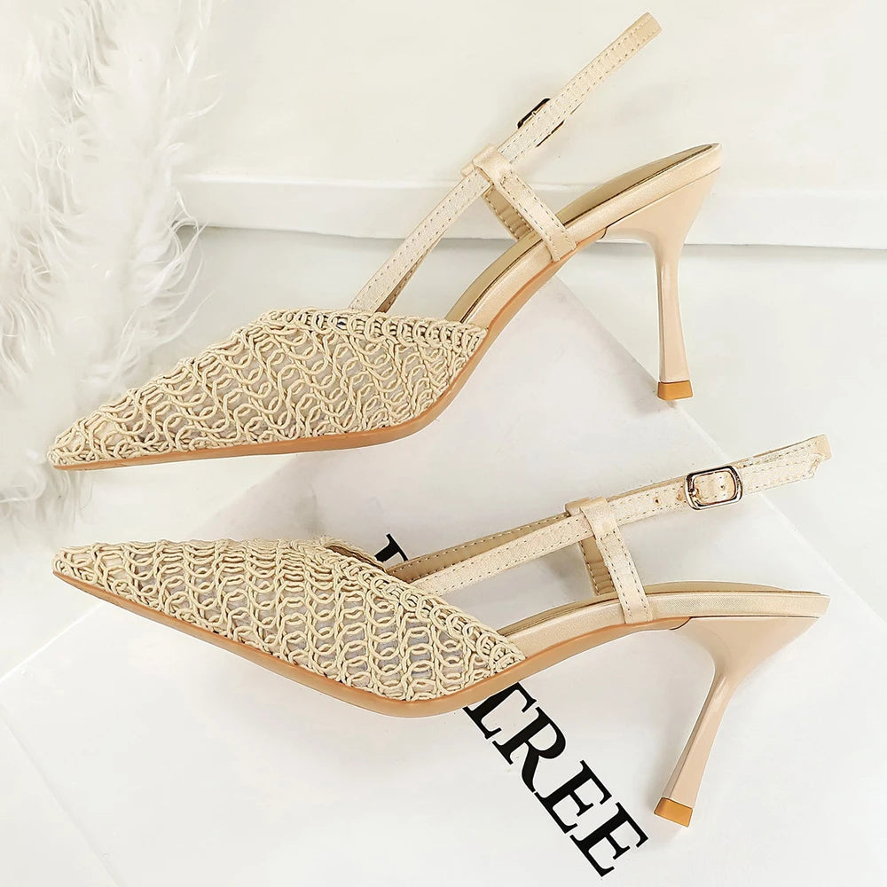 BIGTREE Shoes Woven Net High-heeled Sandals Women Shoes Summer Pointed High Heels Women Pumps Stiletto 8 CM Buckle Sandals Lady