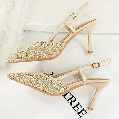 BIGTREE Shoes Woven Net High-heeled Sandals Women Shoes Summer Pointed High Heels Women Pumps Stiletto 8 CM Buckle Sandals Lady