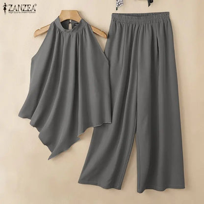 ZANZEA Women Street Fashoin Matching Pant Sets Summer Asymmetrical Hem Sleeveless Tops & Wide Leg Pants 2 Pieces Suits Outfits