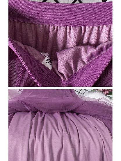 New Big Hem Long Tulle Skirt Women Korean Casual Simple Solid 3 Layers A Line High Waist Maxi Skirt Female Lady Purple