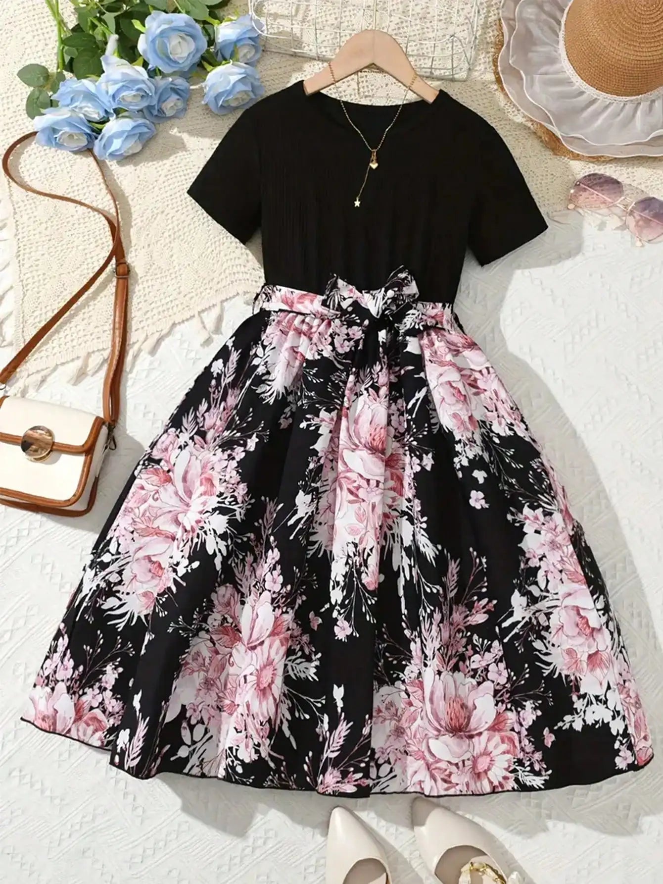 2026 Summer New Collection, Children's and Women's Clothing, Small Flying Sleeve Printed Round Neck Cute Plush Dress
