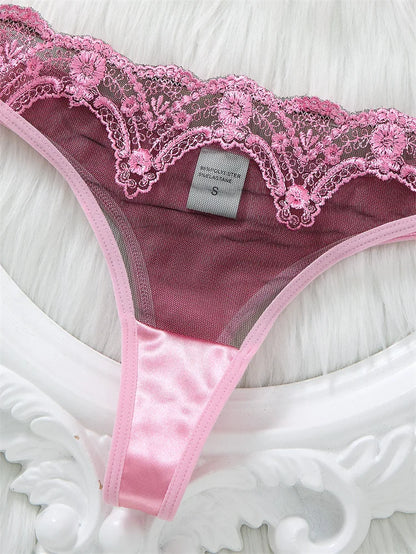Women Elegant Pink Lingerie Set Mesh Splicing Floral Embroidery Underwear Female Push Up Bra Set Luxury Intimate Sexy Lingerie