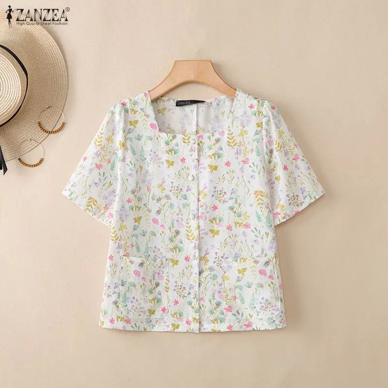 ZANZEA Women's Allover Floral Printing Shirts Elegant Square Neck Short Sleeve Button Up Blouses Summer Casual Day Chemise Femme