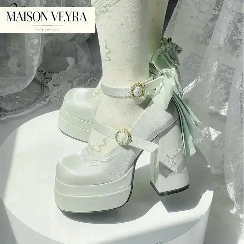 Elegant Satin Waterproof Lolita Mary Jane Shoes Women's Sweet Cute Girls Bow Paltform High Heel Ladies Pumps Platform Heels