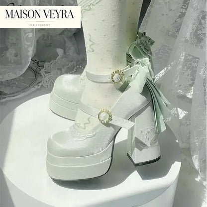 Elegant Satin Waterproof Lolita Mary Jane Shoes Women's Sweet Cute Girls Bow Paltform High Heel Ladies Pumps Platform Heels