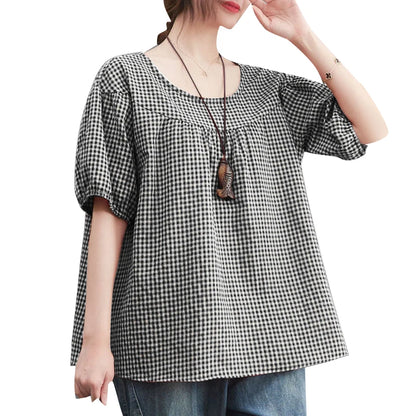 ZANZEA Summer Vintage Women Casual Loose Shirt Baggy Plaid Checked Tops Tunic Fashion O Neck Short Sleeve Blouse Blusas Chemise