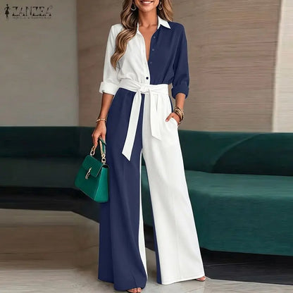 ZANZEA Fashion Women Matching Sets Autumn Chic Color-Blocking Office Outfits Long Sleeve Shirt Belted Wide Leg Pant Sets 2 Piece