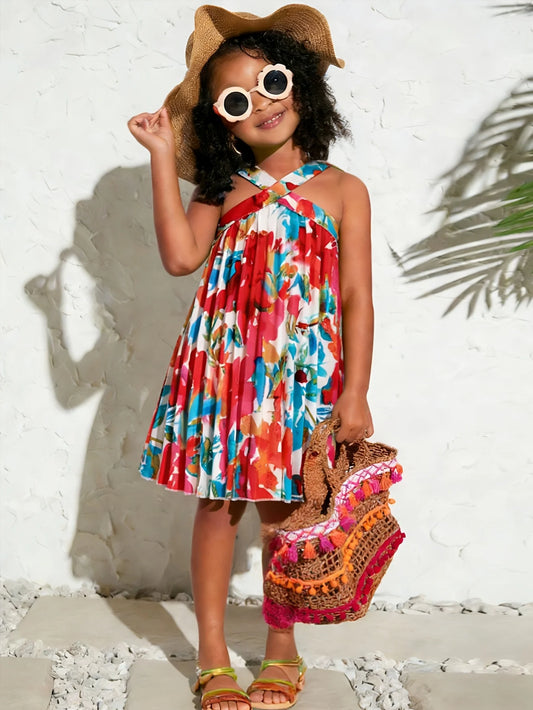 Girls' Summer Casual Vacation Style Sleeveless Tropical Floral Print Dress with Vitality and Freshness