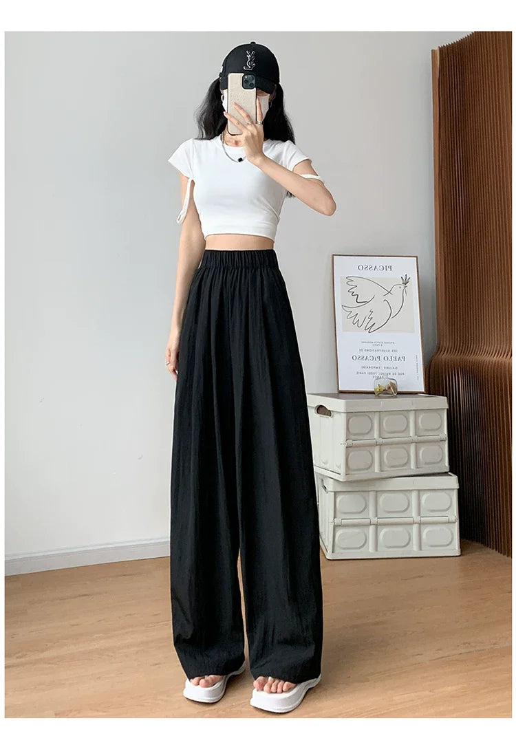 Summer Women's Wide-leg Pants Purple Thin Sunscreen Straight Pant Full Length Elastic Waist Casual Korean Fashion Trousers Women