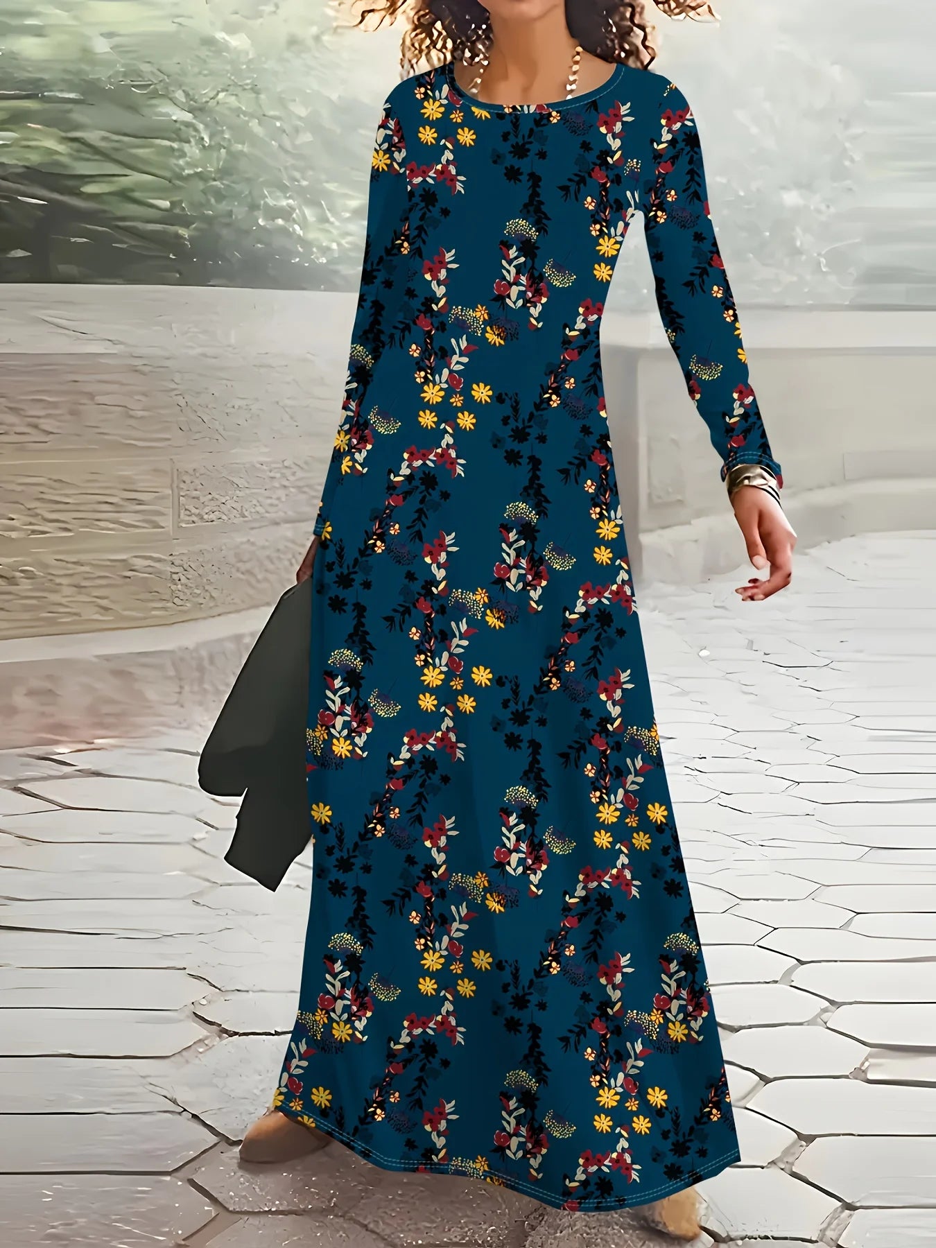 Printed design Casual Style Floral Print On Teal Dress Women's Long Sleeve Dress