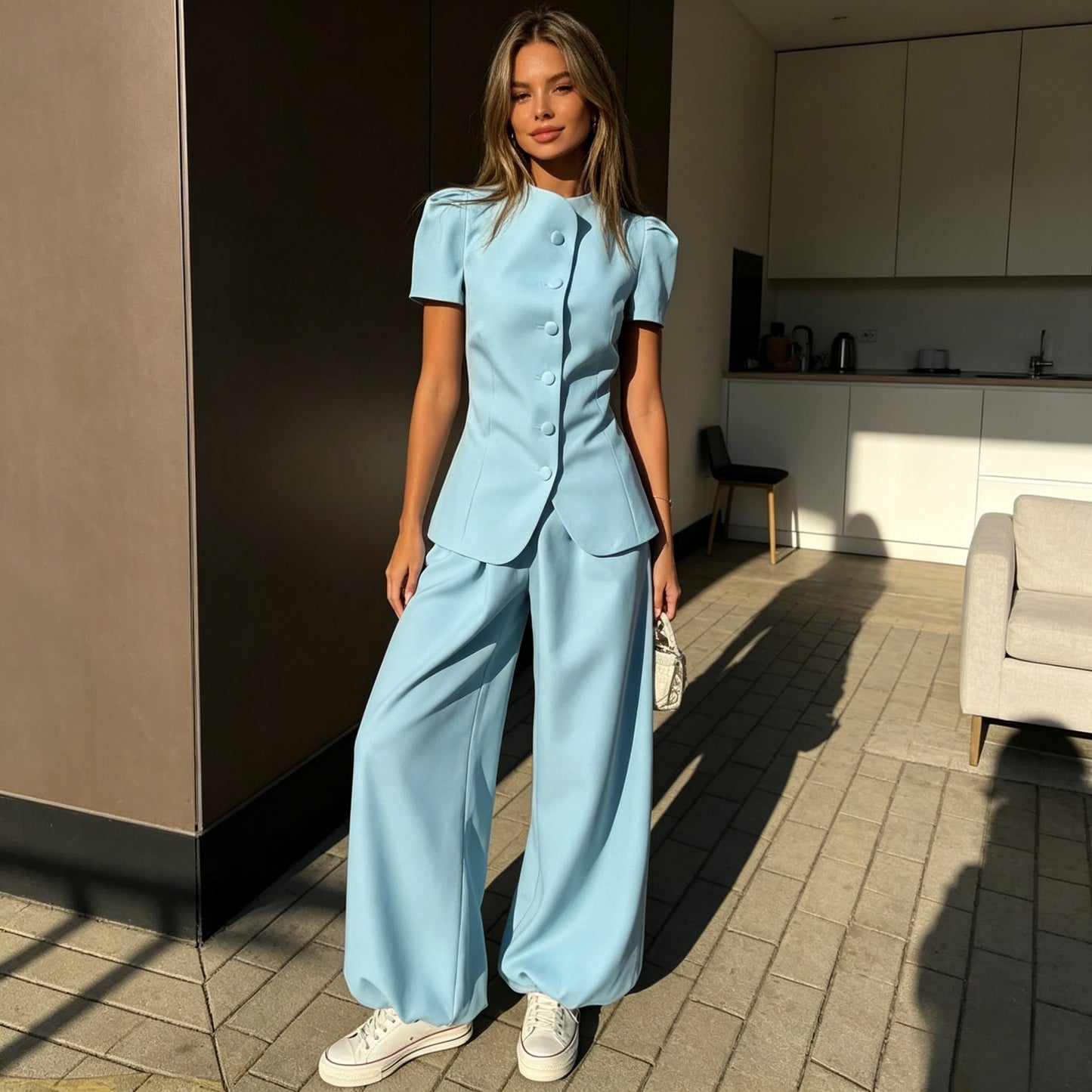 Women Pant Set Two Piece Sets Round Neck Short Sleeve Coats Tops Wide Leg Long Pants High Waist Y2k Streetwear Elegant 2026