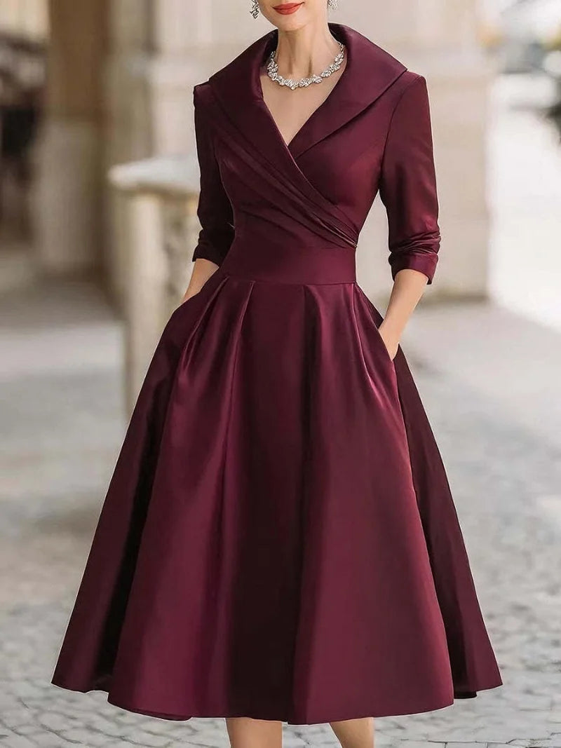 Women's Vintage V Neck Long Sleeve Wrap Waist A Line Midi Dress with Pockets