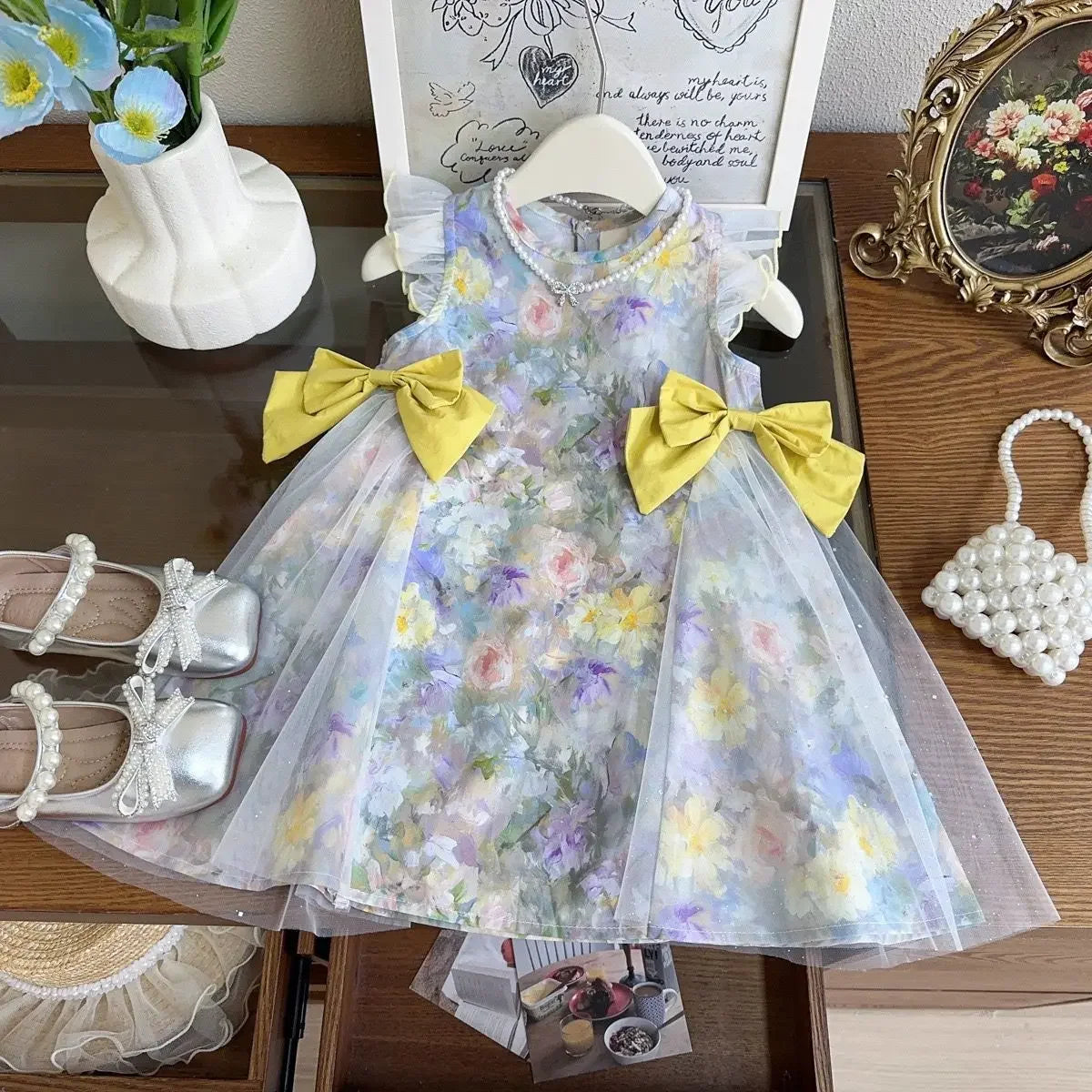 Girls Casual Dresses Floral Printed Dress Bow Mesh Stitching Princess Dress Flower Girl Dresses Princess Dress for Girls
