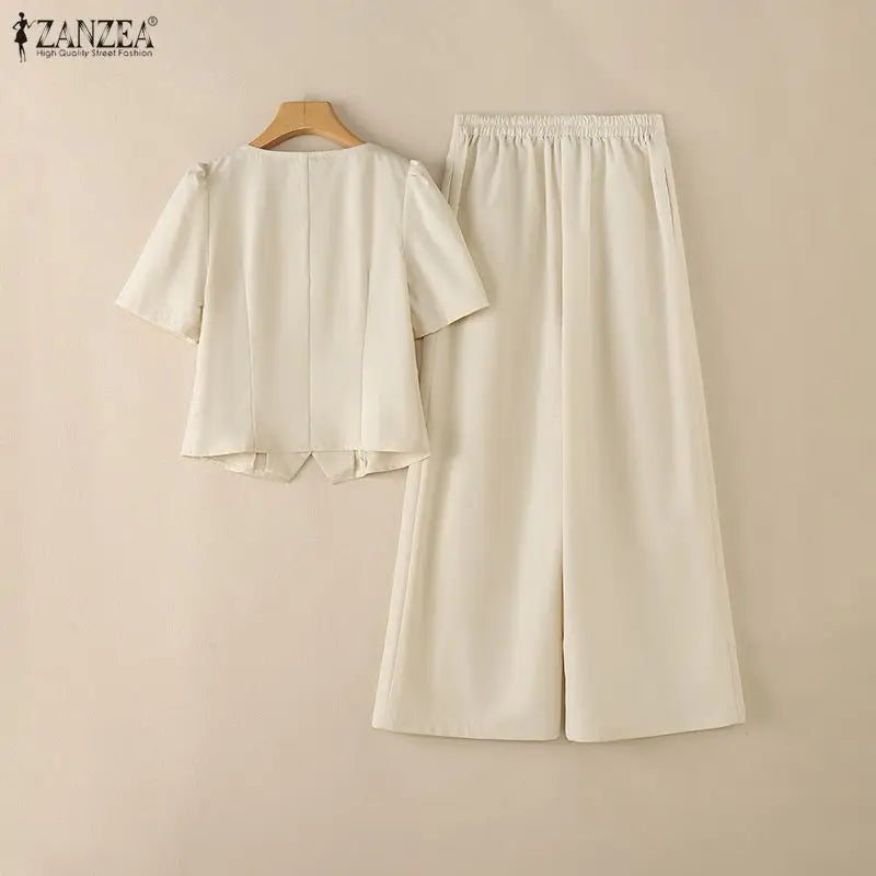 ZANZEA Summer 2 Pieces Sets 2PCS Women OL Work Outfits Square Neck Short Sleeve Blouse Wide Leg Pant Sets Solid Color Tracksuit
