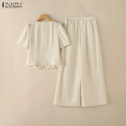 ZANZEA Summer 2 Pieces Sets 2PCS Women OL Work Outfits Square Neck Short Sleeve Blouse Wide Leg Pant Sets Solid Color Tracksuit