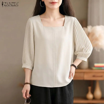 ZANZEA Women Blouses Casual Square Neck Pleated 3/4 Puff Sleeve Solid Color Tops 2026 Summer Everyday Wear Commute Blusas Mujer